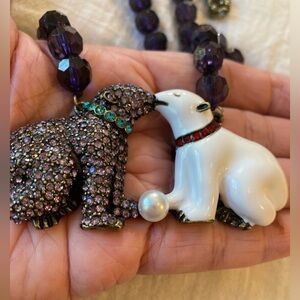 Kissing Polar Bears Purple‎ Rhinestones Chunky Pendant Beaded Necklace